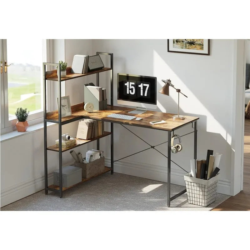 Computer Corner Desk with Storage Shelves, 47 Inch Small L Shaped Computer Desk, Home Office Writing Desk with 2 Hooks