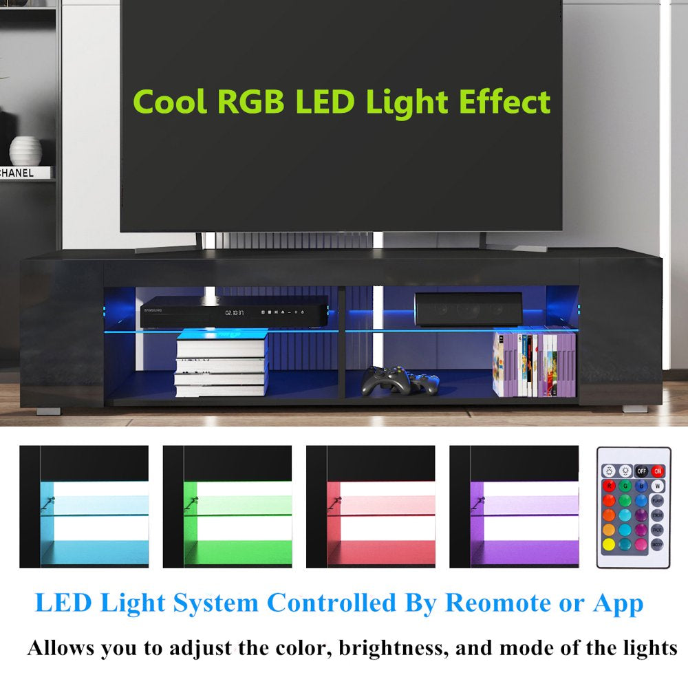 TV Stand for Tvs up to 65" with Open Glass Shelves Remote LED Light Black Television Stands Media Console Cabinet Entertainment Center