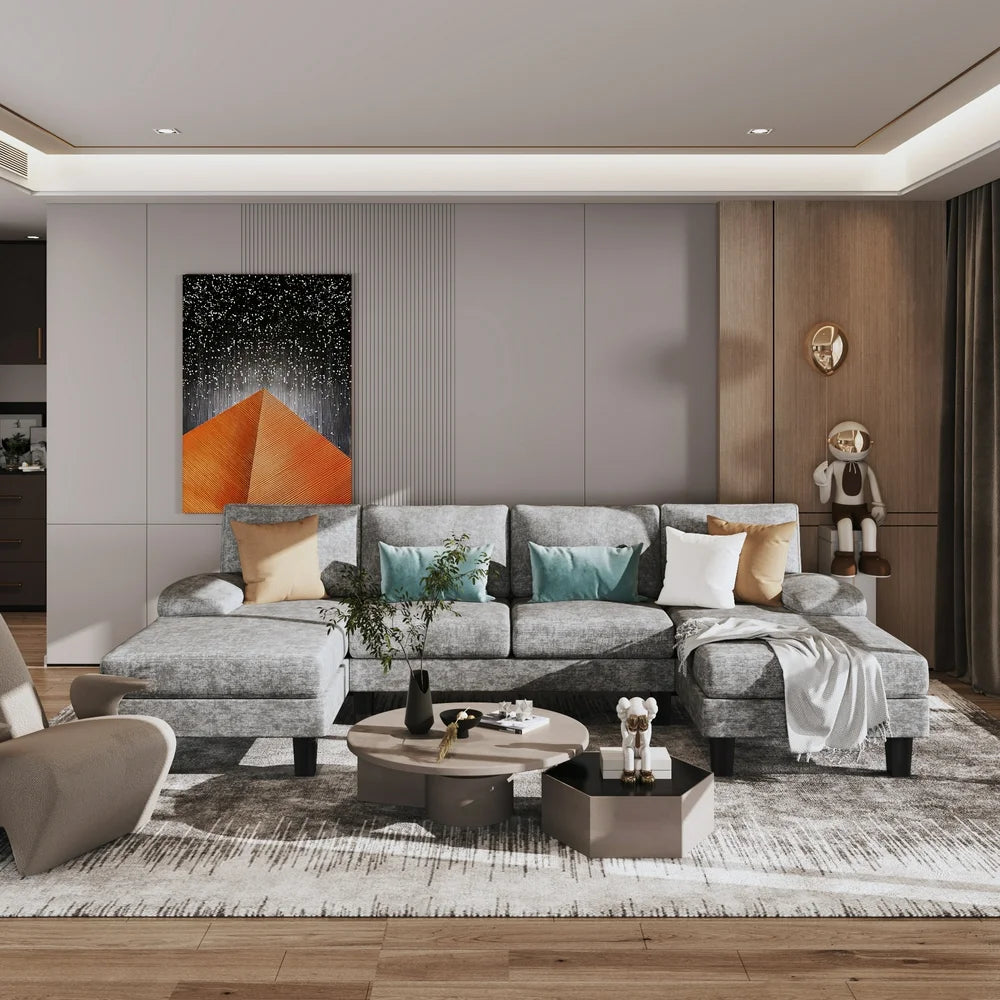 Modern U-Shape Sectional Sofa, Chenille Fabric Modular Couch, 4 Seat Oversized Sofa with Chaise for Living Room, White