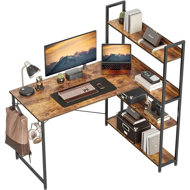 Computer Corner Desk with Storage Shelves, 47 Inch Small L Shaped Computer Desk, Home Office Writing Desk with 2 Hooks