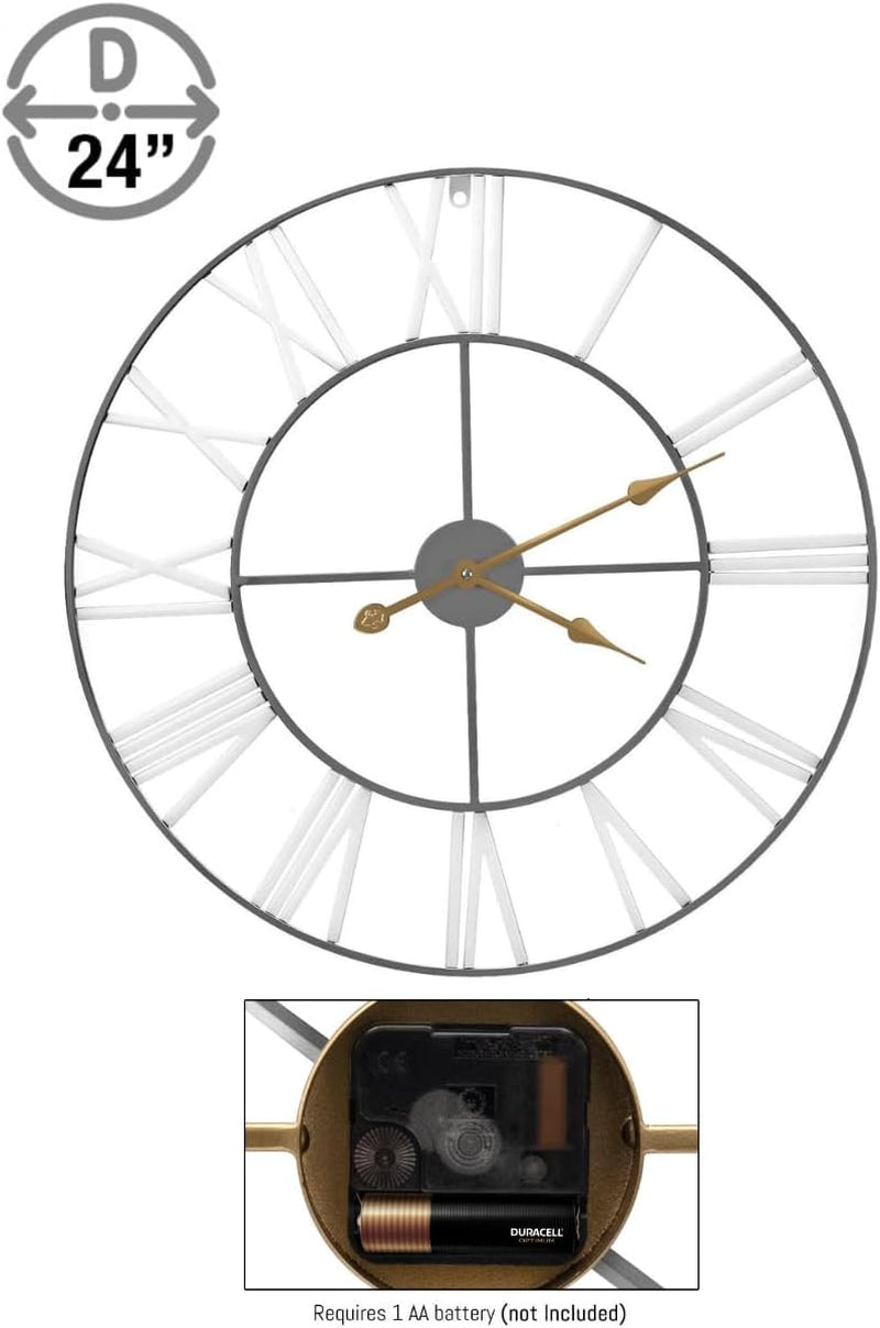 Large Wall Clock for Living Room - 24-Inch Wall Clock - Oversized Centurian Roman Numeral Style Modern Wall Clocks - Large Clock Home Decor - Metal Decorative Analog Metal Clock (White)