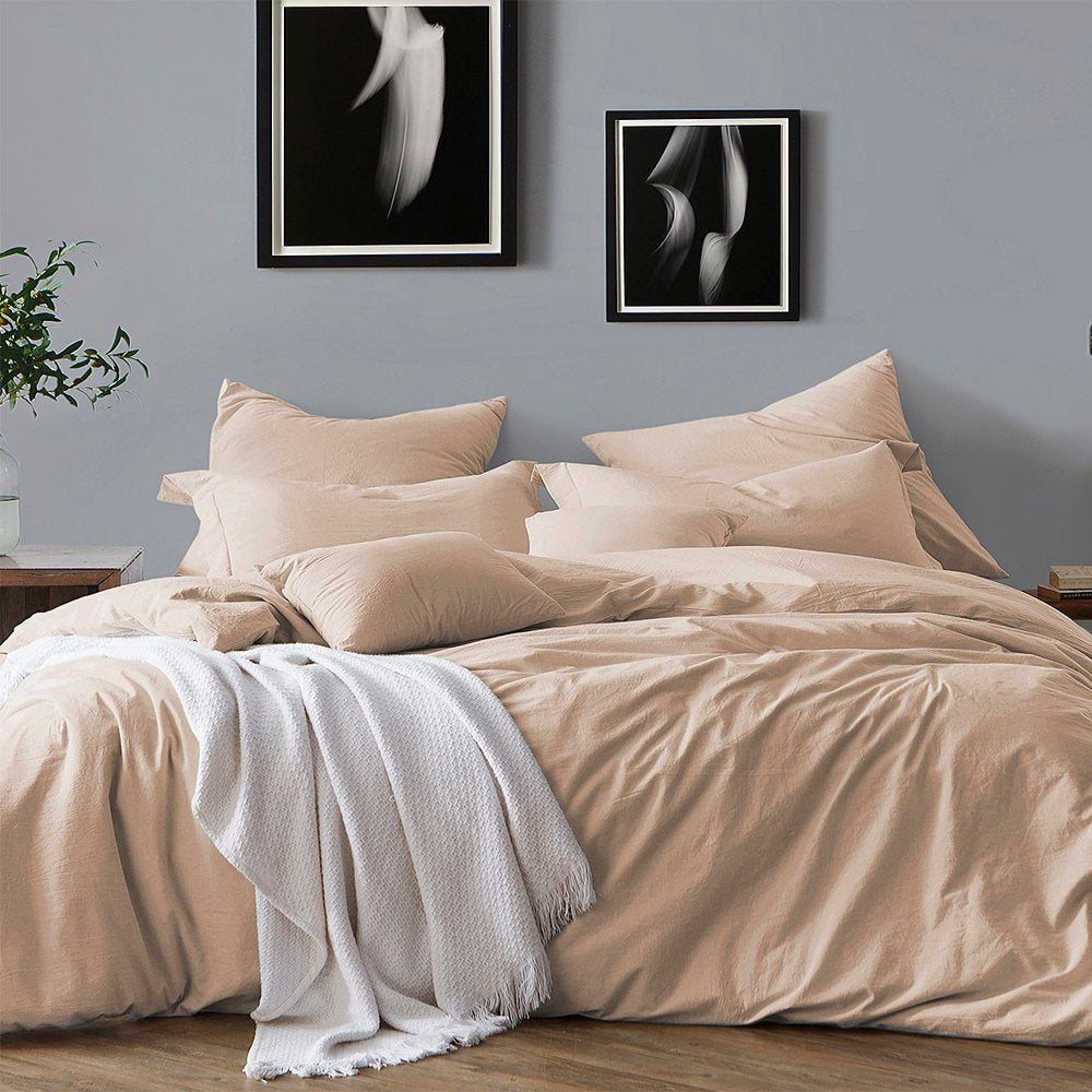 Premium Cotton Prewashed Chambray Duvet Cover Set Bed Linen - Comforter/Duvet Insert Not Included Almond Queen, Full - Queen 3 Piece
