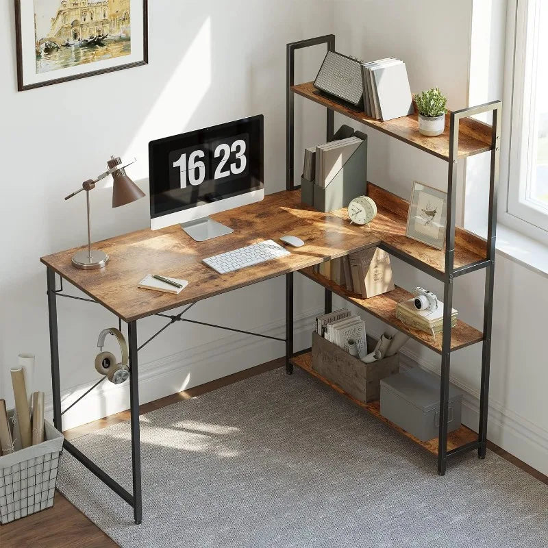 Computer Corner Desk with Storage Shelves, 47 Inch Small L Shaped Computer Desk, Home Office Writing Desk with 2 Hooks