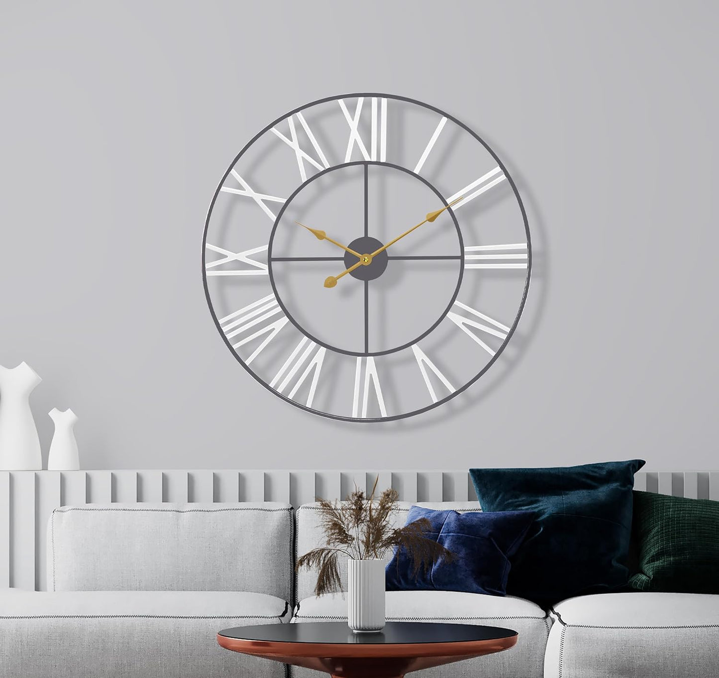 Large Wall Clock for Living Room - 24-Inch Wall Clock - Oversized Centurian Roman Numeral Style Modern Wall Clocks - Large Clock Home Decor - Metal Decorative Analog Metal Clock (White)