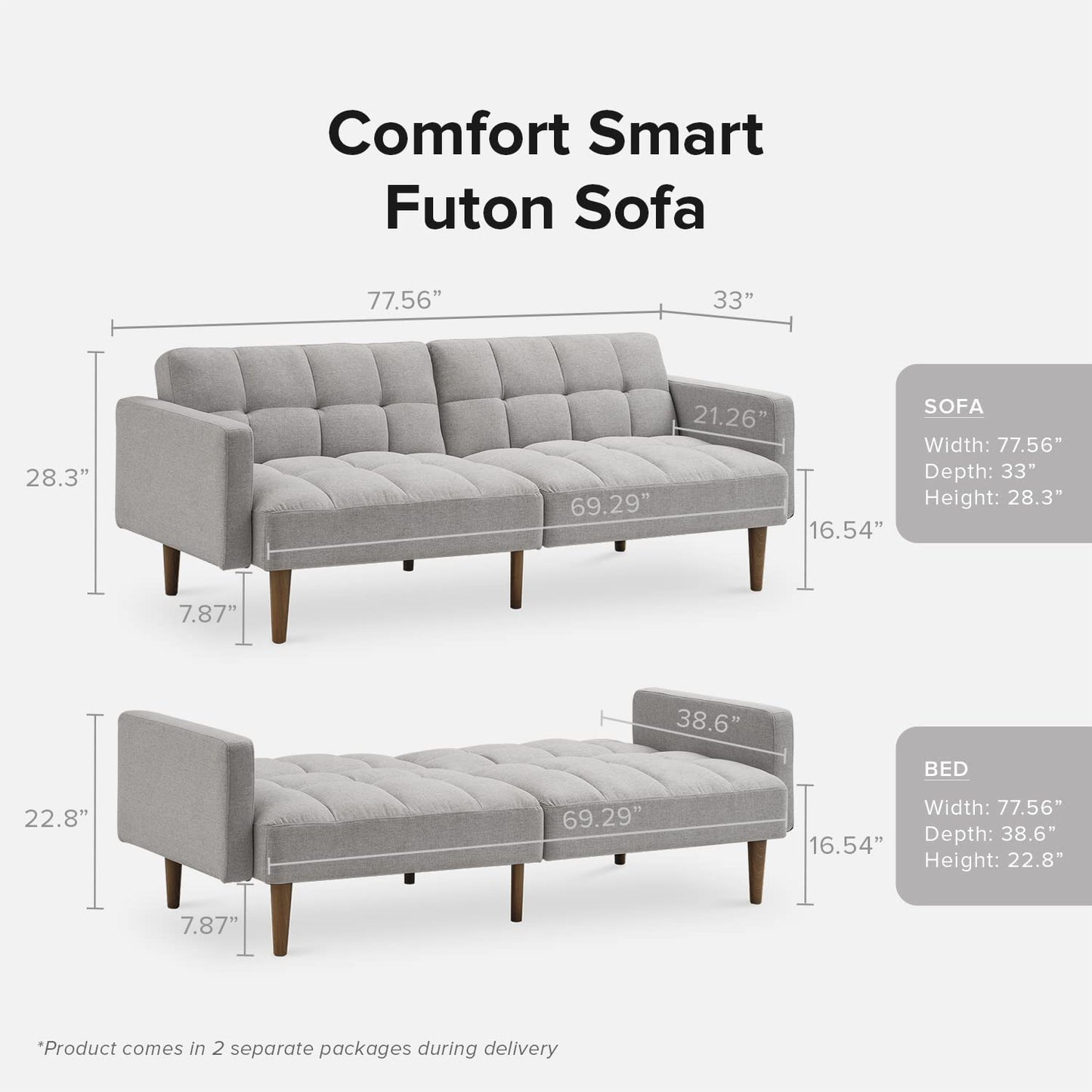 Aaron Futon Convertible Sofa Sleeper Futon with Arms Split Back Design 77.5" Light Gray Fabric