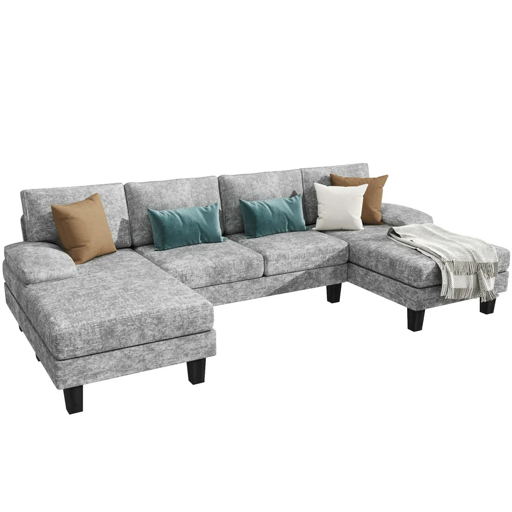 Modern U-Shape Sectional Sofa, Chenille Fabric Modular Couch, 4 Seat Oversized Sofa with Chaise for Living Room, White