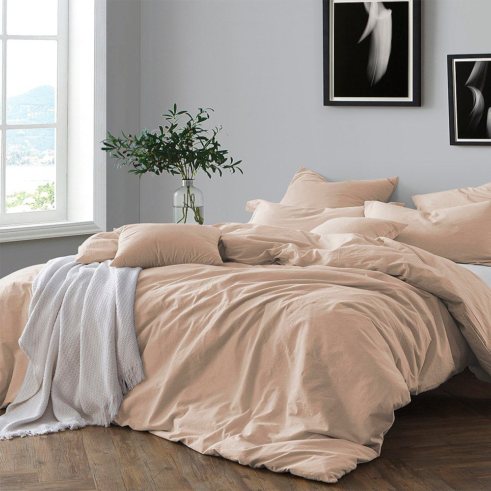 Premium Cotton Prewashed Chambray Duvet Cover Set Bed Linen - Comforter/Duvet Insert Not Included Almond Queen, Full - Queen 3 Piece