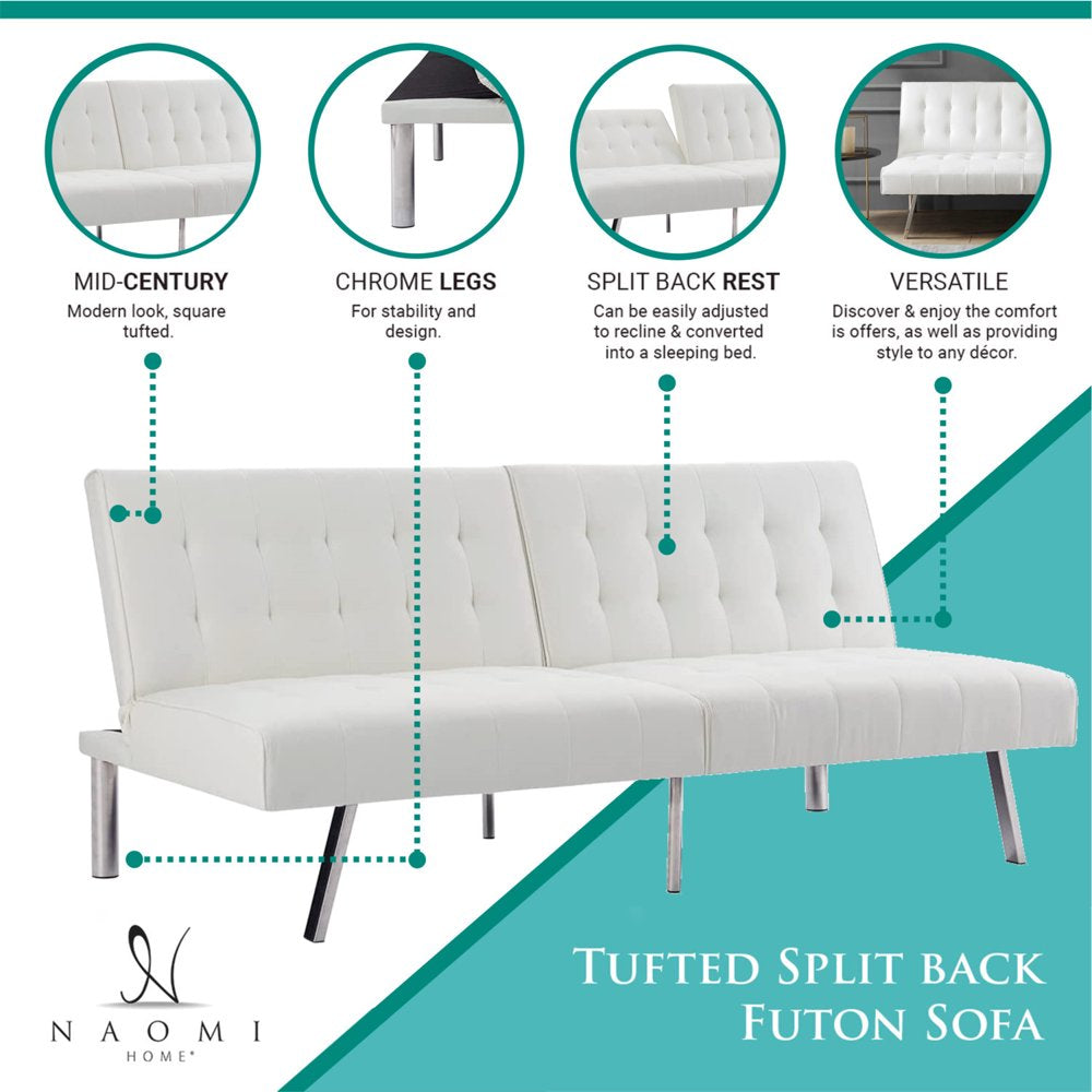 White Convertible Futon Sofa, Modern Reclining Black Sleeper Sofa, Tufted Split Back Linen Futon Sofa Bed