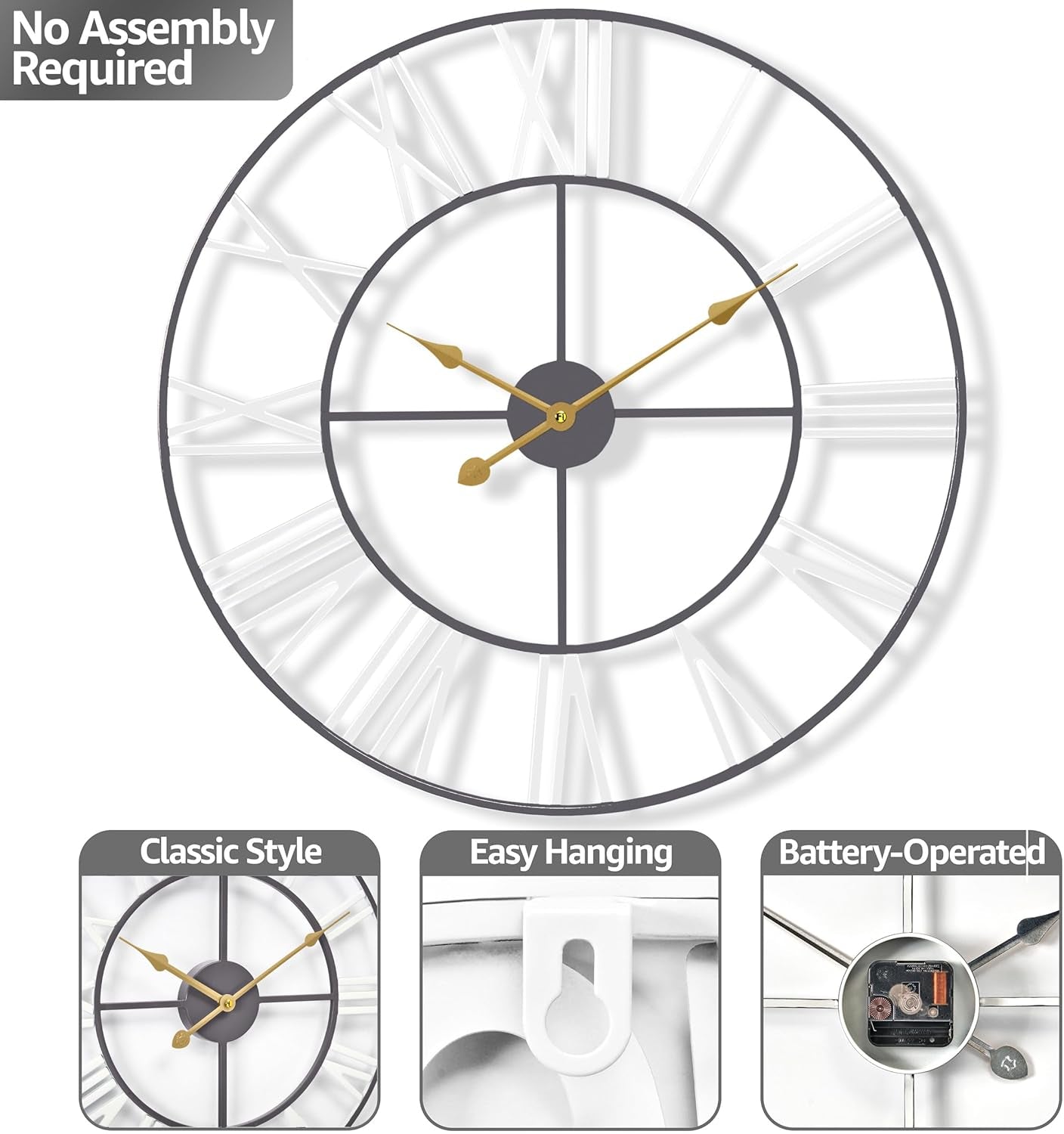 Large Wall Clock for Living Room - 24-Inch Wall Clock - Oversized Centurian Roman Numeral Style Modern Wall Clocks - Large Clock Home Decor - Metal Decorative Analog Metal Clock (White)